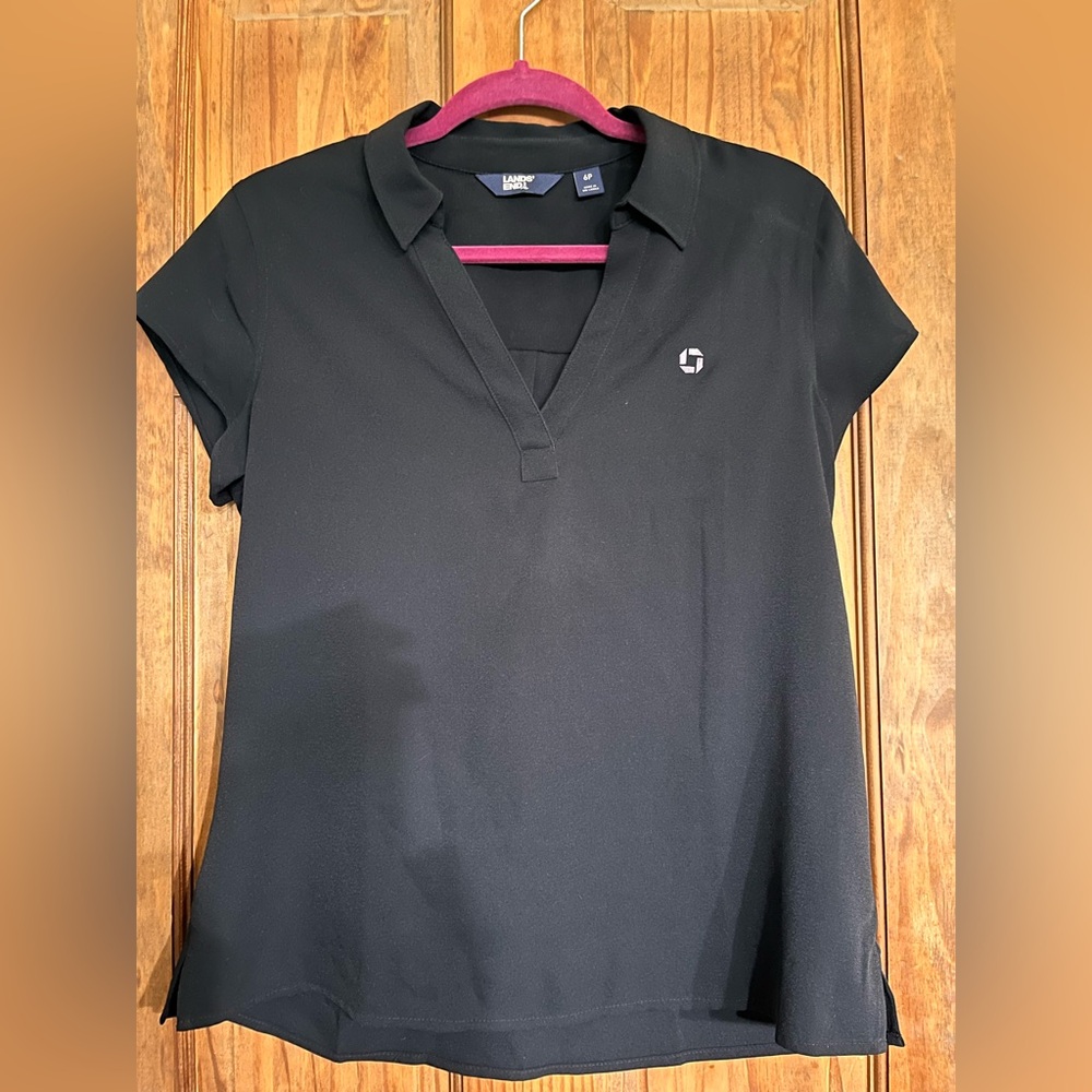 Chase Bank Lands' End Black Cap Sleeve Polo Blouse